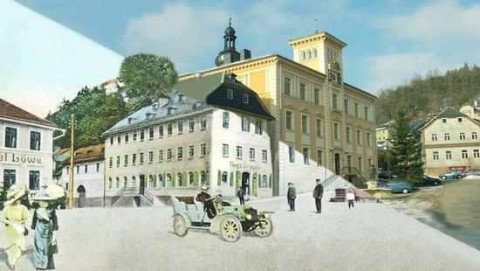 Bild zeigt Collage mit Rathausansicht von Gräfenthal im Wandel der Zeiten